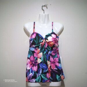 Caribbean Joe Black Tropical Floral Sweetheart Tankini Swim Top Separates NWT